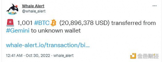 1001枚BTC从Gmini 转入未知钱包